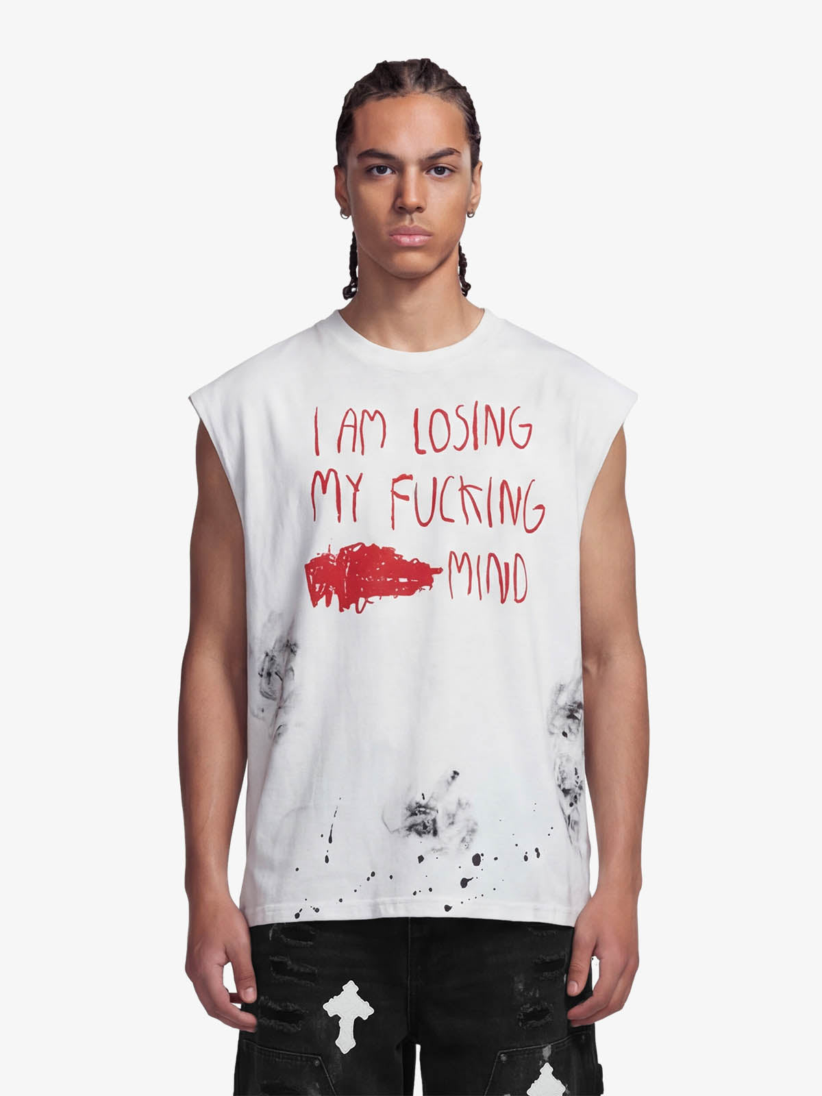 Revelse™ Grunge Slogan Print Distressed Raw Hem Sleeveless T-Shirt