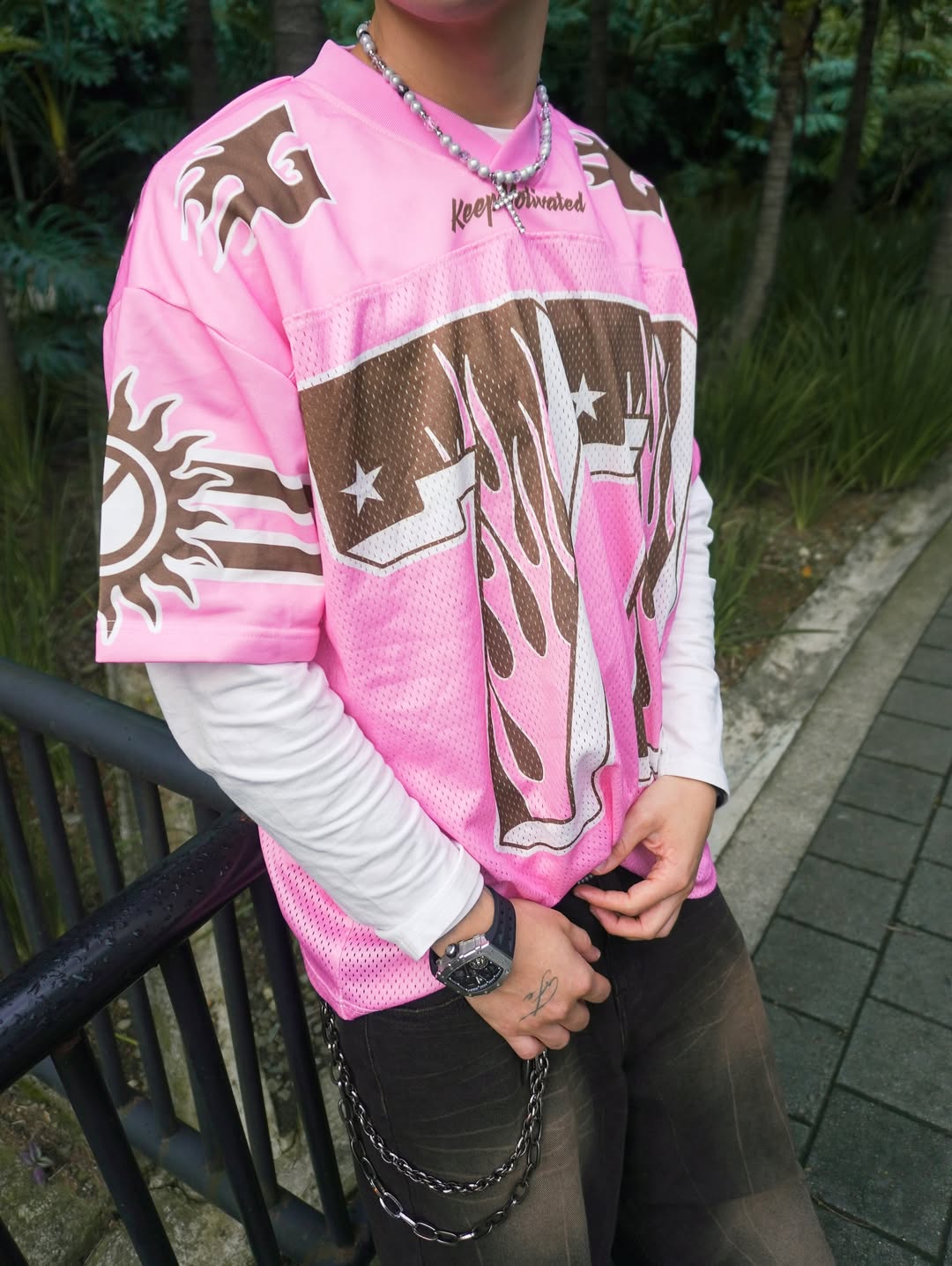 Revelse™ Flame Print Mesh Pink Jersey Top