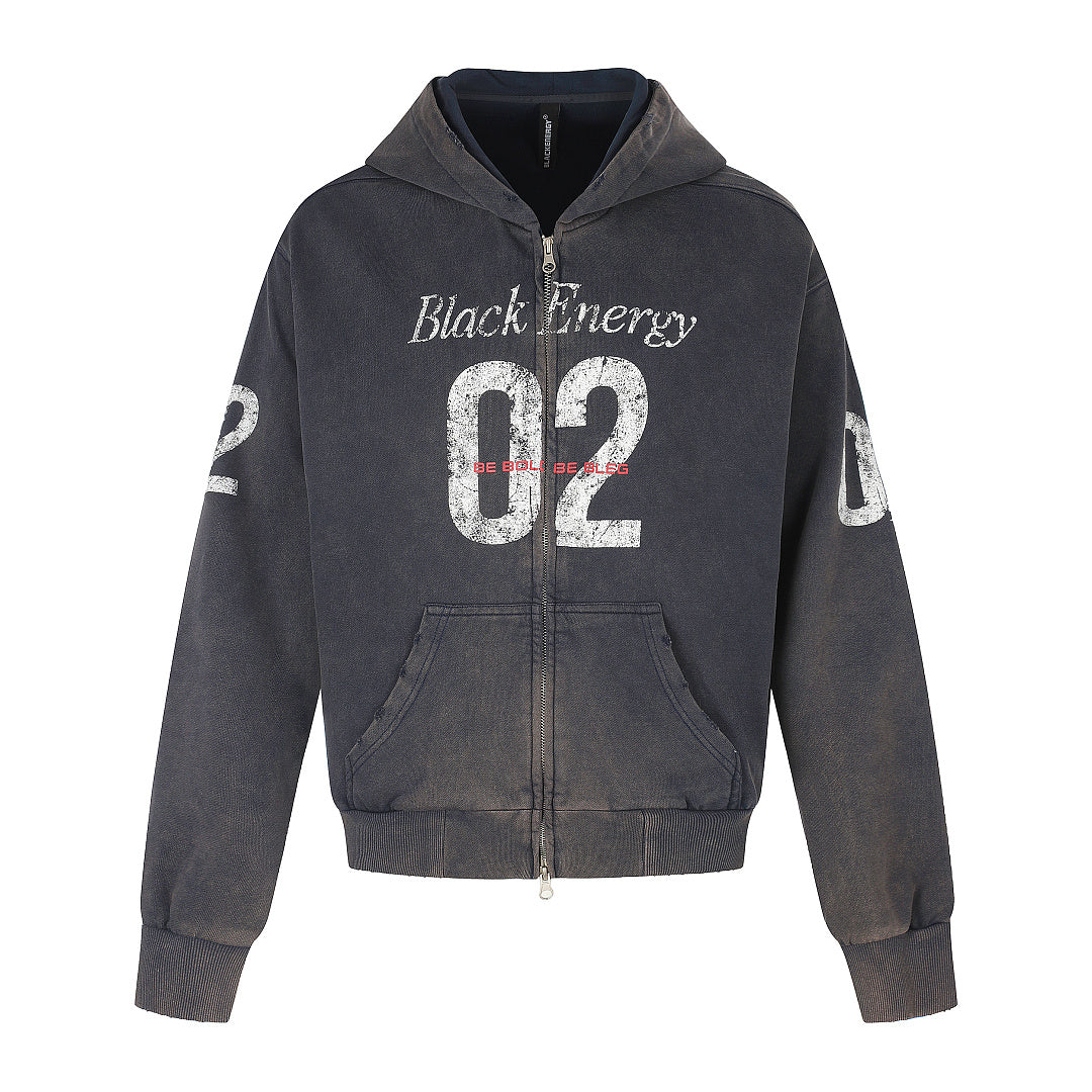 Graphic Boxy Zip-Up Hoodie With Distressed Number Print