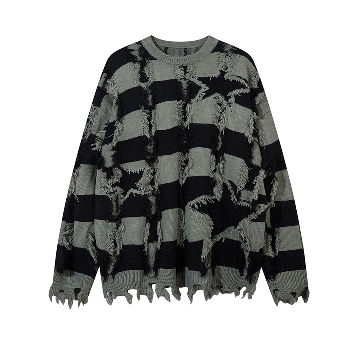 Oversized Star Stripe Knit Sweater With Fringe