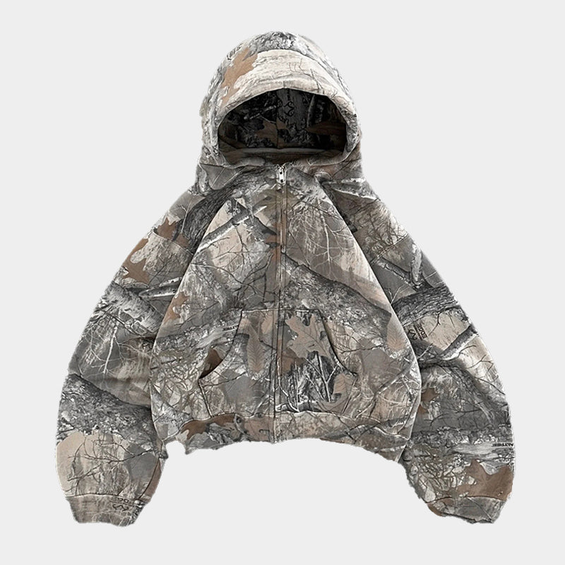 Revelse™ Camouflage Zip-Up Hoodie with Woodland Print