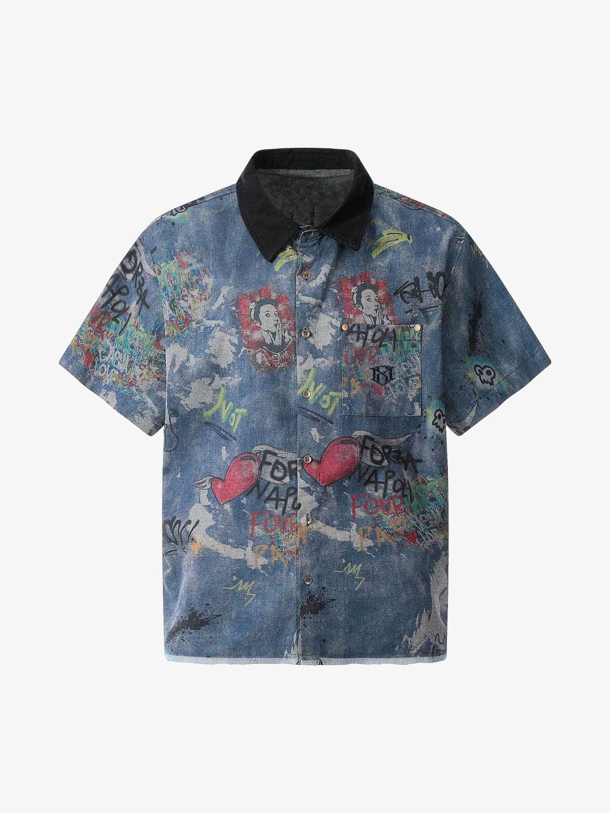 Revelse™ Tie-Dye Denim Polo T-Shirt with Graffiti Print