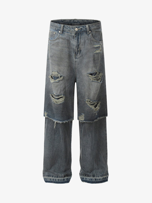 Front view of high-waisted ripped wide-leg jeans in denim