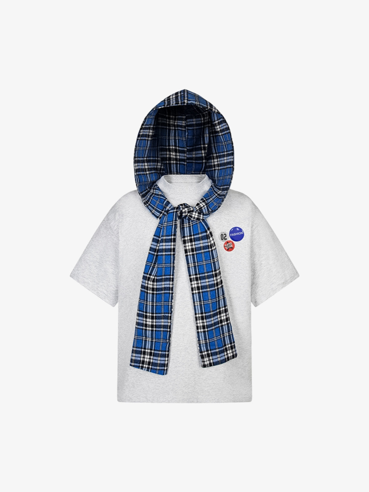 Plaid Jersey Knit Hooded Cape T-Shirt with Detachable Badge