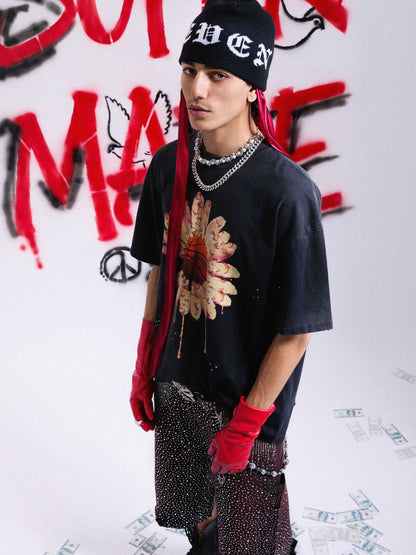 Floral Ink Splatter Graphic Basketball T-Shirt