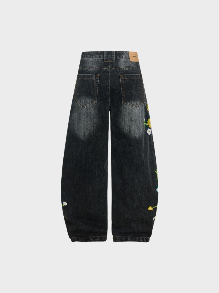 Revelse™ Baggy Wide-Leg Cotton Blend Denim Jeans Floral Embroidered