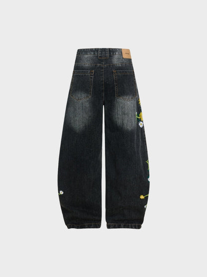 Revelse™ Baggy Wide-Leg Cotton Blend Denim Jeans Floral Embroidered