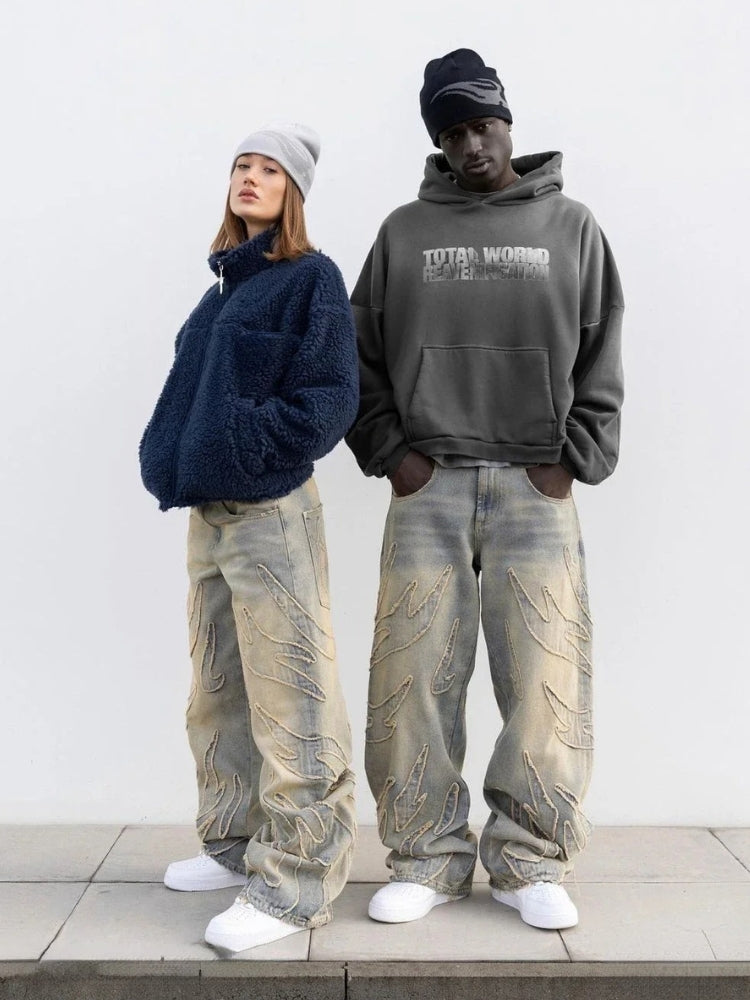 Unisex Loose-Fit Distressed Washed Denim Jeans Gray