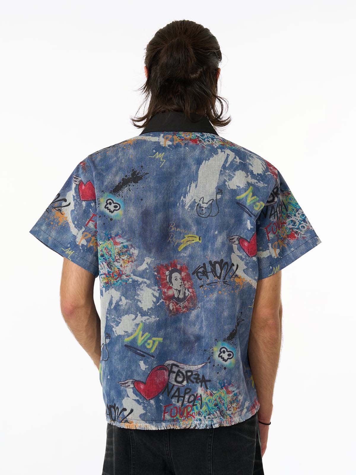 Tie-Dye Denim Polo T-Shirt with Graffiti Print