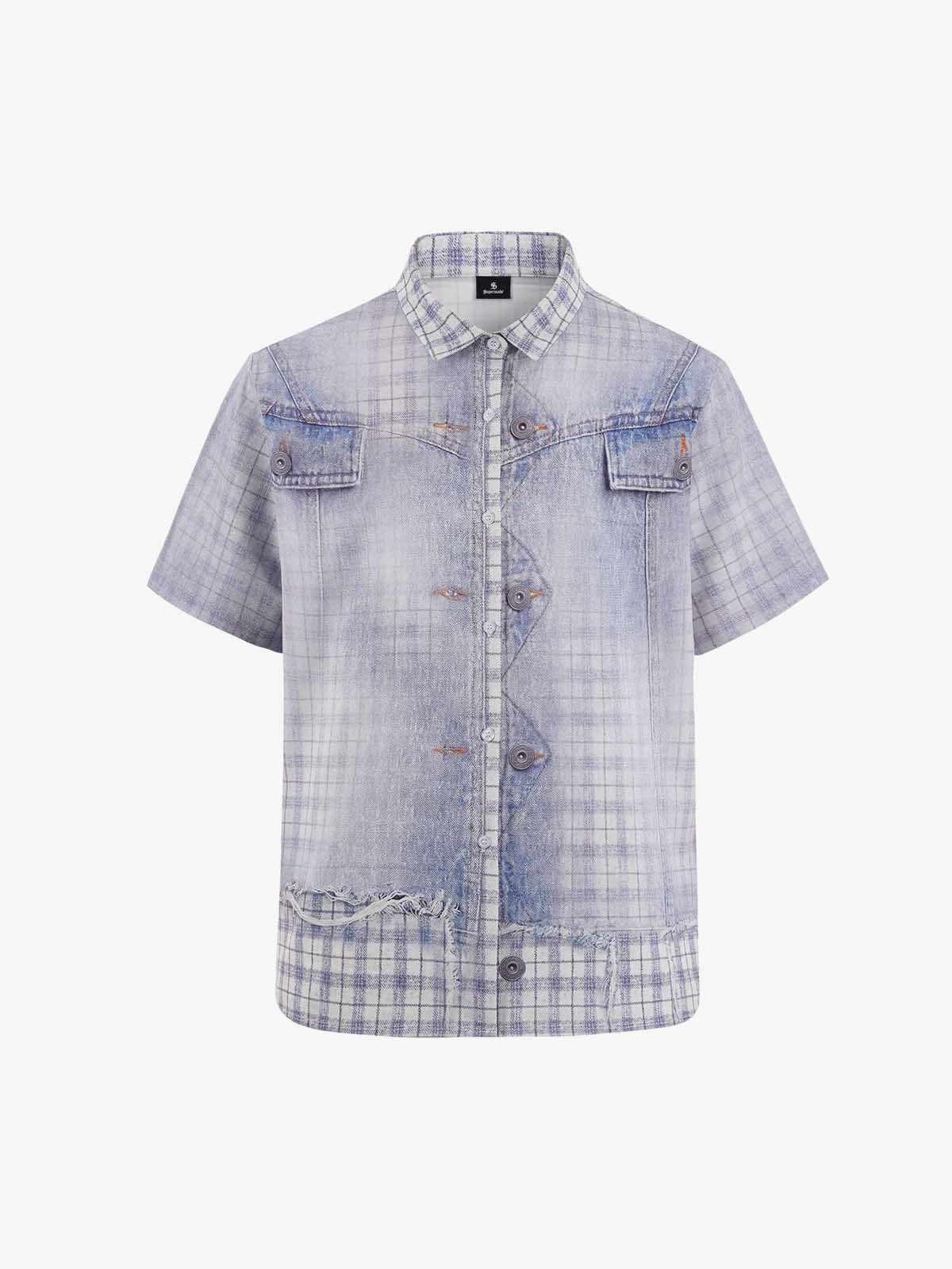 Revelse™ Vintage Washed Plaid Denim Texture Shirt Blue