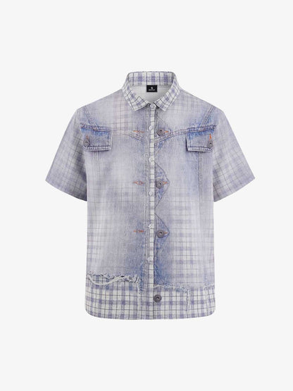 Revelse™ Vintage Washed Plaid Denim Texture Shirt Blue