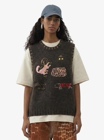 Vintage Embroidered Knit Sweater Vest