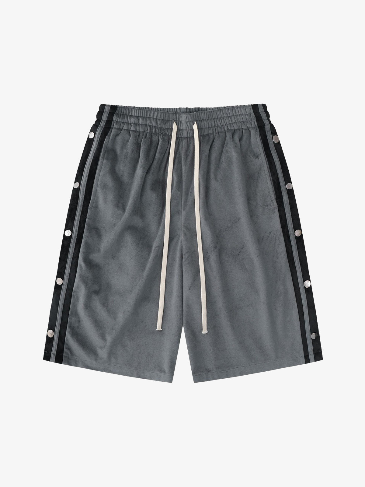 Front view of suede athletic shorts with side popper detail