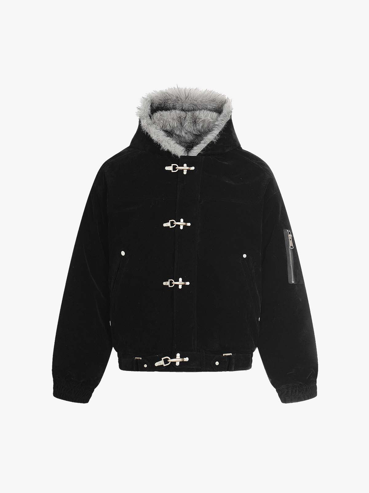 Faux Fur Hooded Suede Bomber Jacket with Metal Clip Streetwear