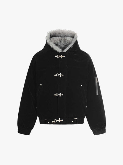 Faux Fur Hooded Suede Bomber Jacket with Metal Clip Streetwear