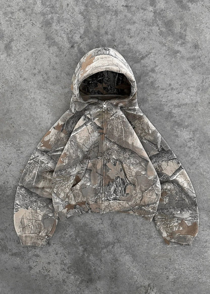 Camouflage Zip-Up Hoodie with Woodland Print