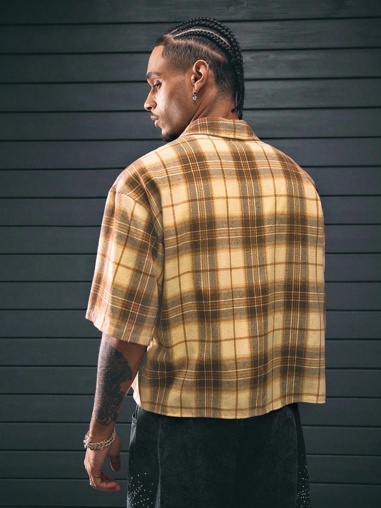 Men's Short Sleeve Checkered Polyester Shirt Yellow