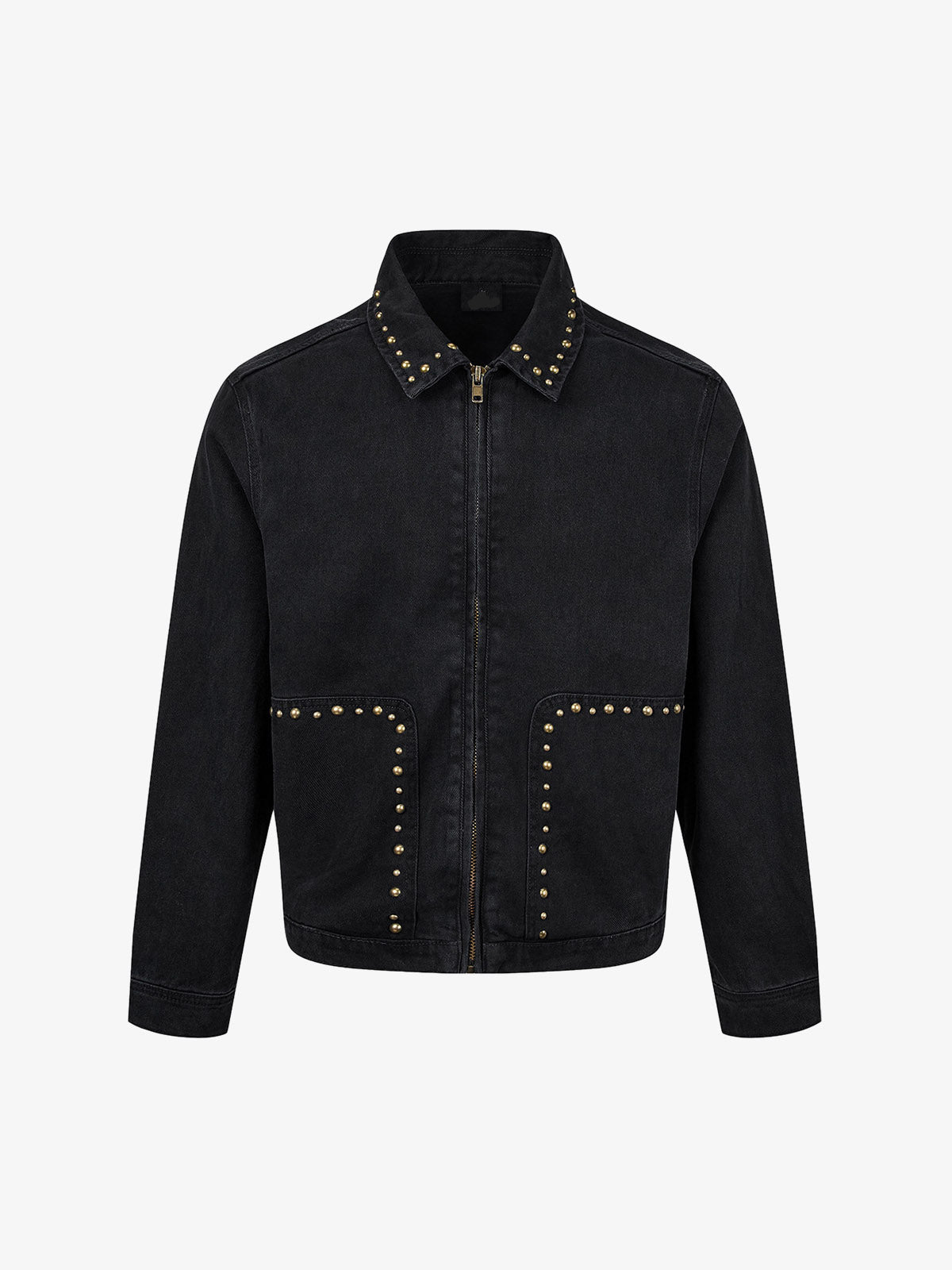 Studded distressed denim jacket with a relaxed boxy fit