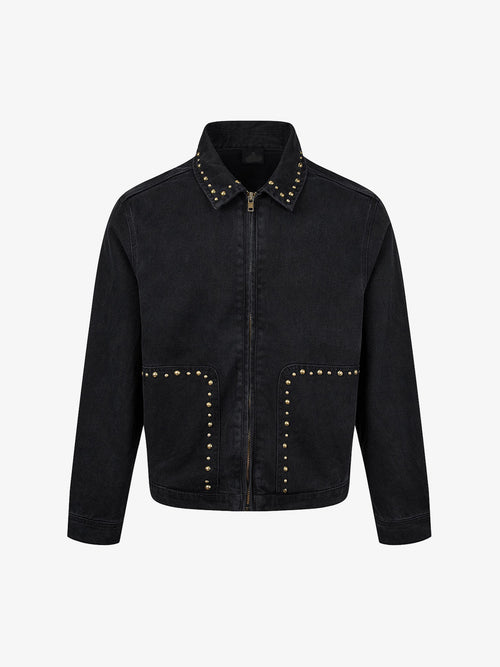 Studded distressed denim jacket with a relaxed boxy fit