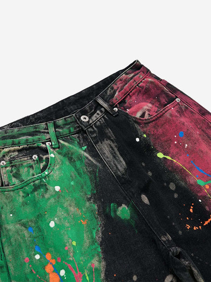 Wide-leg jeans featuring colourful artistic paint splatters