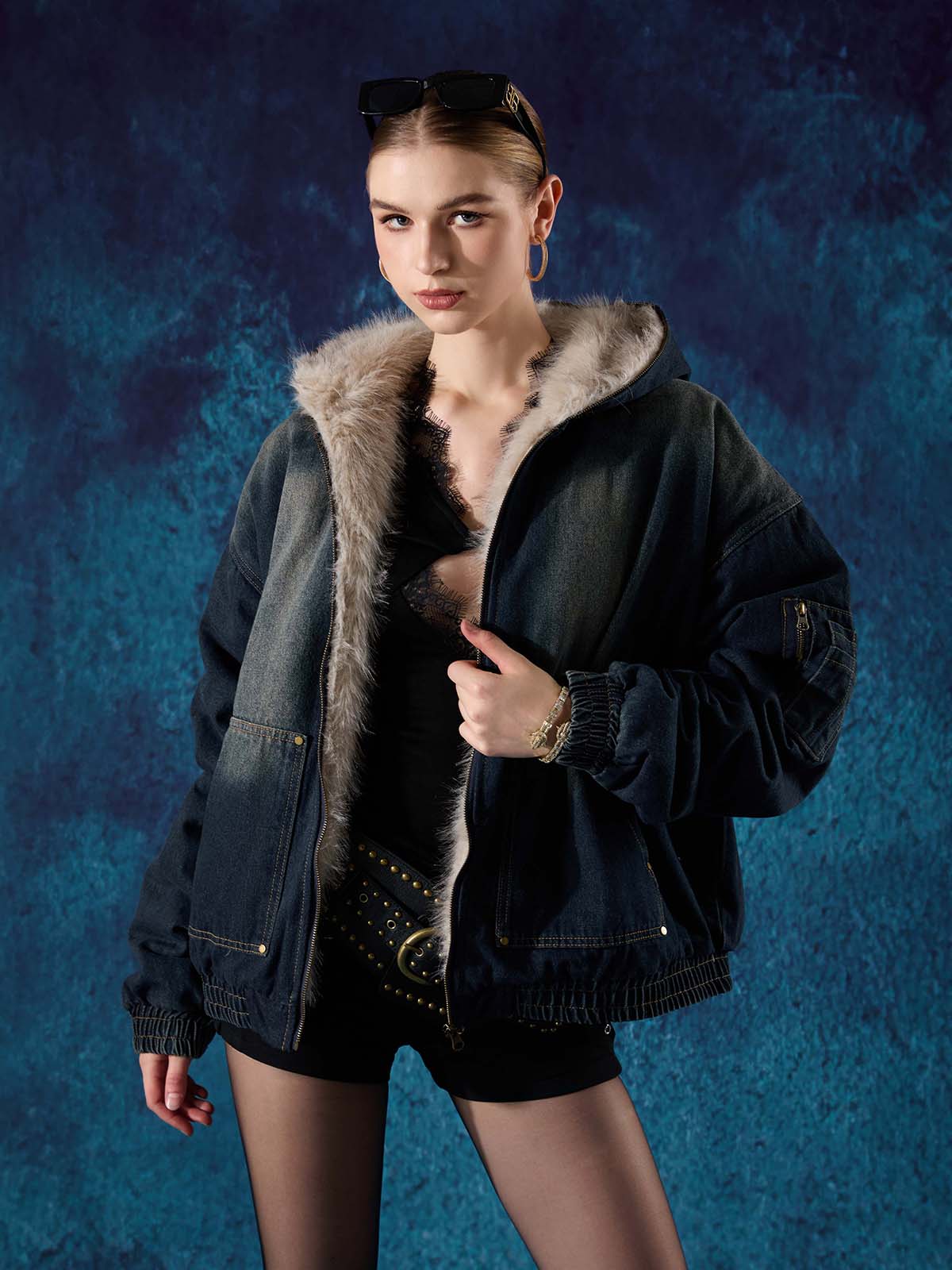 Washed Cotton Fur Hooded Jacket