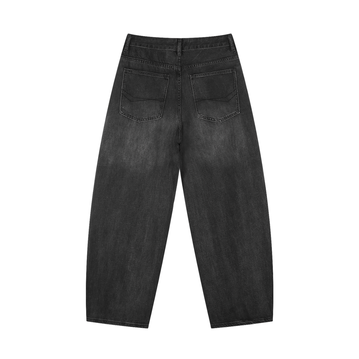Sun-faded barrel leg jeans shown from the back, highlighting the curved leg and classic five-pocket design