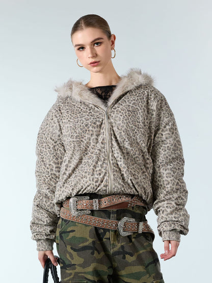 Cheetah Print Hooded Jacket with Faux Mink Fur Trim