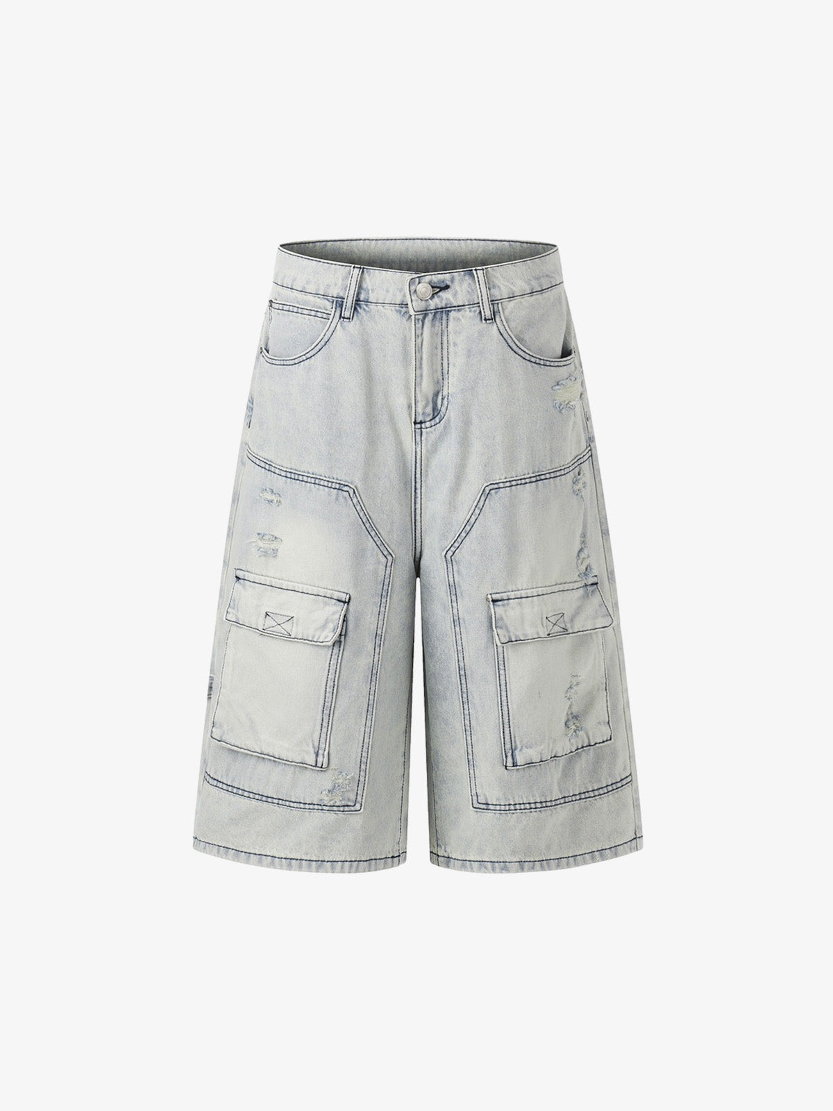 Revelse™ Distressed Denim Cargo Shorts Light Blue Oversized