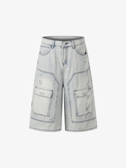 Revelse™ Distressed Denim Cargo Shorts Light Blue Oversized