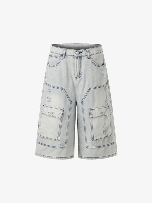 Revelse™ Distressed Denim Cargo Shorts Light Blue Oversized