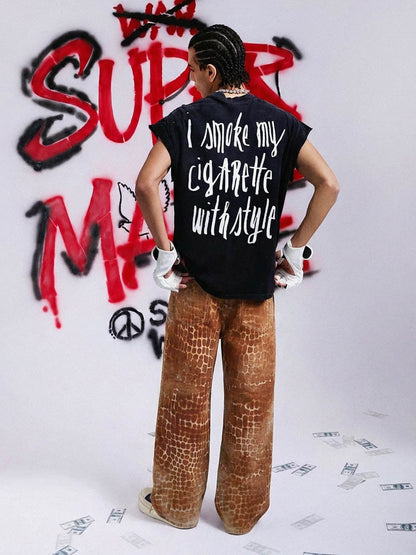 Croc Texture Washed Wide Leg Denim Jeans