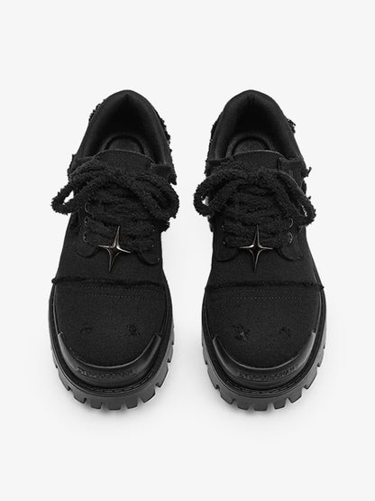 Detail view of the textured upper and star eyelets on black trainers
