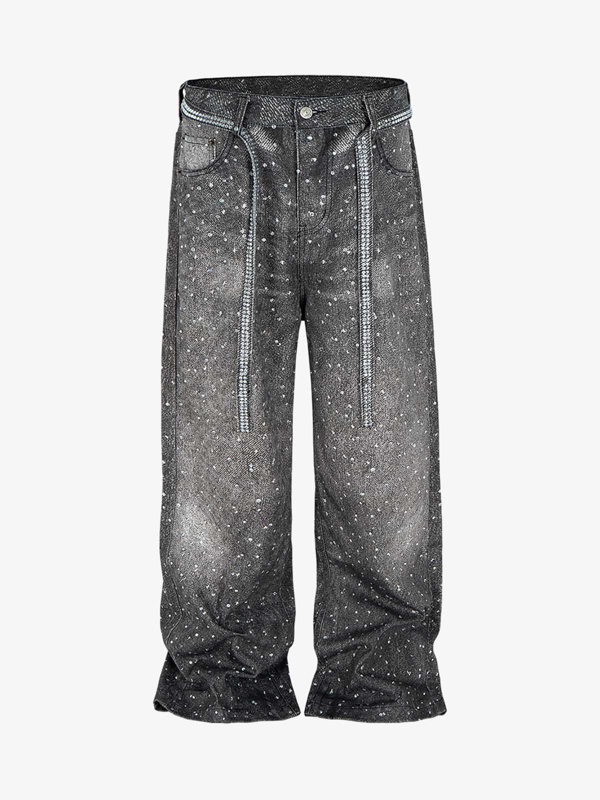 Distressed Denim Jeans with Diamond Belt Decor Detail