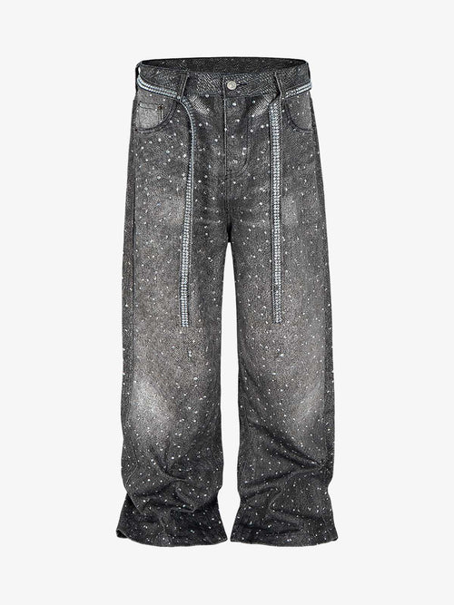 Distressed Denim Jeans with Diamond Belt Decor Detail
