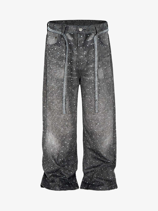 Distressed Denim Jeans with Diamond Belt Decor Detail