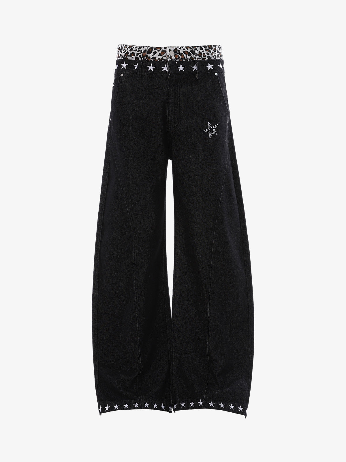 Wide-Leg Jeans With Leopard Trim And Star Stitching