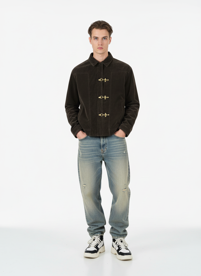 Retro Suede Bomber Jacket with Metal Button Lapel