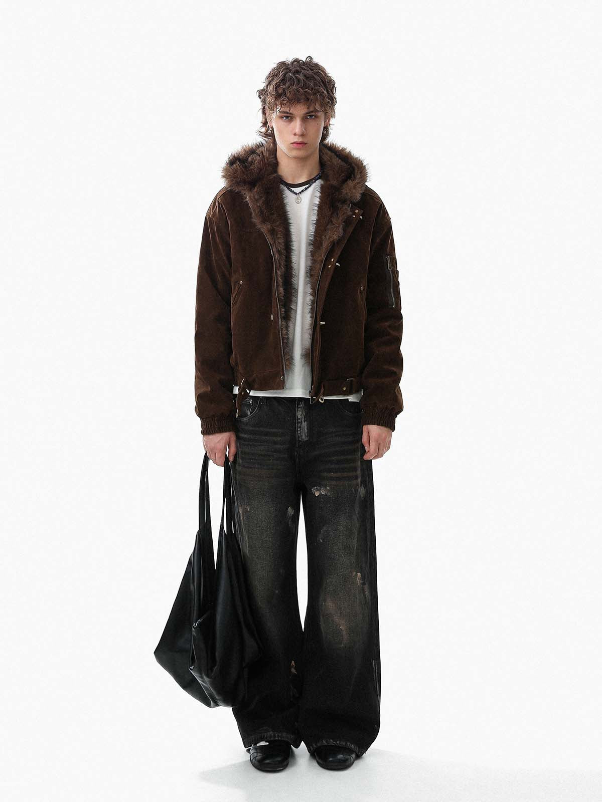 Faux Fur Hooded Suede Bomber Jacket with Metal Clip Streetwear