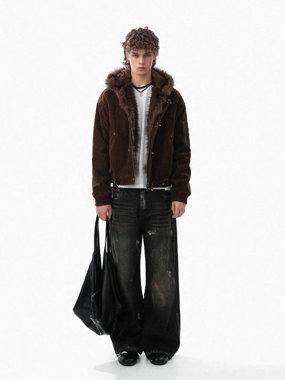 Faux Fur Hooded Suede Bomber Jacket with Metal Clip Streetwear