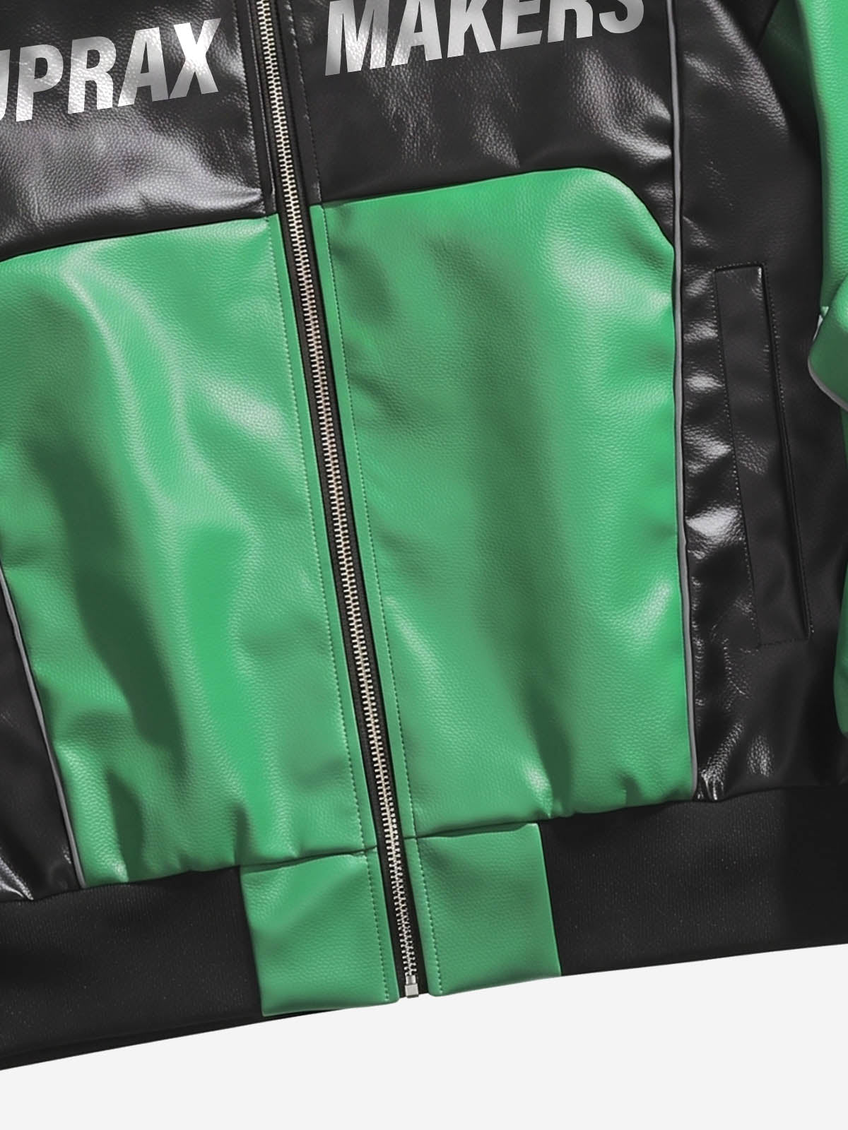 Full product view of an asymmetric colour block racing jacket