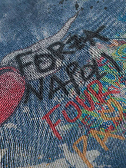 Tie-Dye Denim Polo T-Shirt with Graffiti Print
