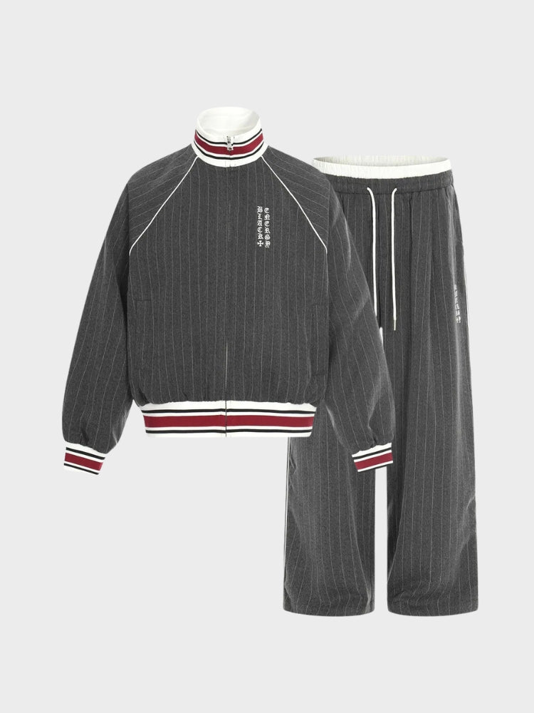 Striped Polyester Tracksuit Set Dark Grey
