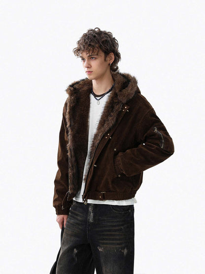 Faux Fur Hooded Suede Bomber Jacket with Metal Clip Streetwear