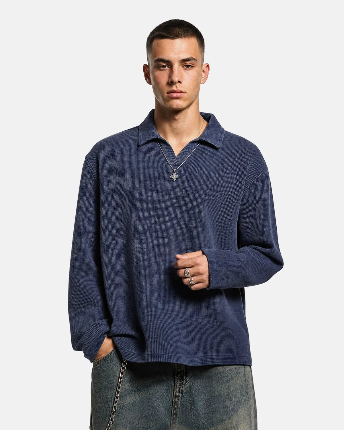 Boxy long-sleeve waffle polo shirt styled as casual streetwear