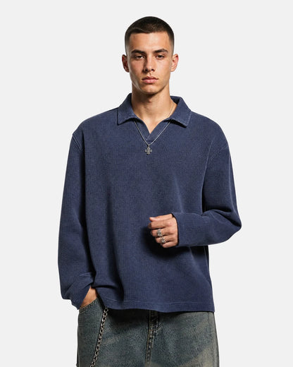 Boxy long-sleeve waffle polo shirt styled as casual streetwear
