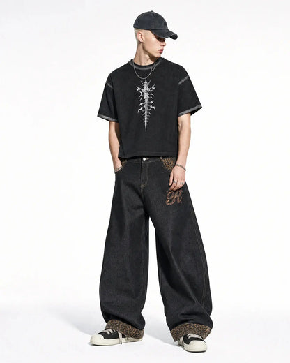 Baggy streetwear jeans with distinctive patchwork design