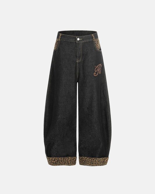 Leopard patchwork baggy jeans with embroidered detailing