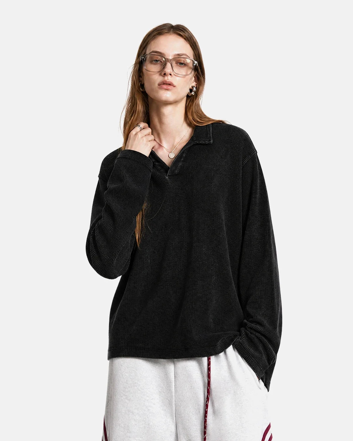 Long-sleeve waffle polo shirt with an open Johnny collar