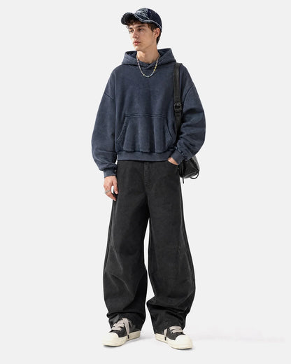 Side view of the boxy hoodie and dropped shoulders
