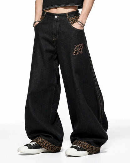 Relaxed-fit jeans with leopard-print patchwork panels